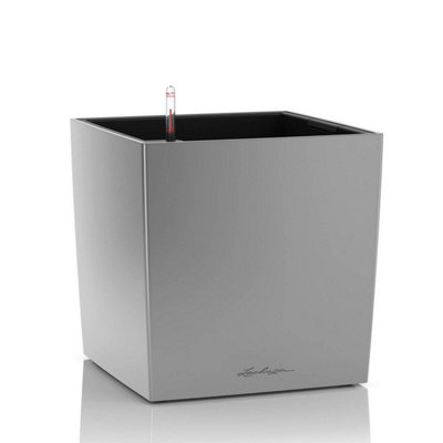 LECHUZA CUBE 30 Silver Metallic Plastic Self-watering Planter with Substrate and Water Level Indicator H30 L30 W30 cm