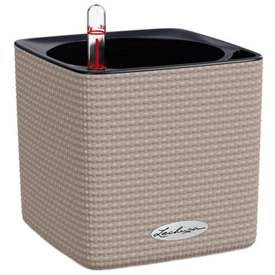 LECHUZA CUBE Color 14cm Small Square Planter, Sand Brown Plastic Self-watering Planter with Water Level Indicator
