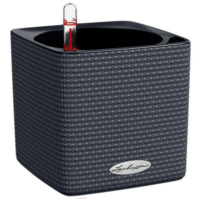 LECHUZA CUBE Color 16cm Small Square Planter, Slate Grey Plastic Self-watering Planter with Water Level Indicator