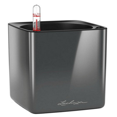 LECHUZA CUBE Glossy 14cm Small Square Planter, Charcoal Grey High-Gloss Plastic Self-watering Planter with Water Level Indicator