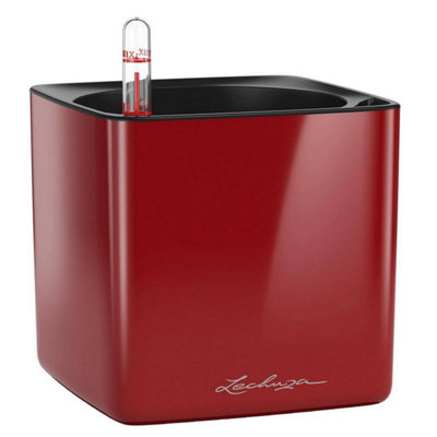 LECHUZA CUBE Glossy 16 Scarlet Red High-Gloss Table Self-watering Planter with Water Level Indicator H16 L17 W17 cm, 1.4L