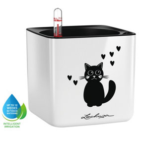 LECHUZA CUBE Glossy Cat 14 White High-Gloss Small Self-watering Planter with Water Level Indicator H14 L14 W14 cm, 1.4L