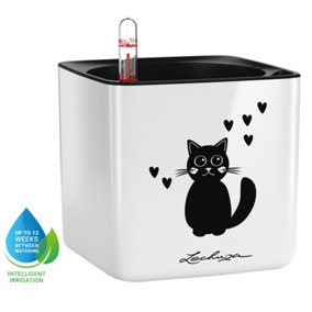 LECHUZA CUBE Glossy Cat 14 White High-Gloss Table Self-watering Planter with Water Level Indicator H14 L14 W14 cm, 1.4L