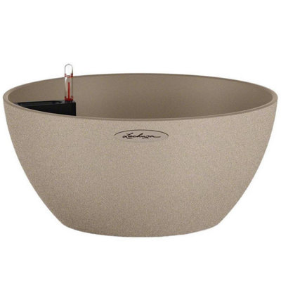 LECHUZA CUBETO Stone 30cm Small Bowl Planter, Beige Self-watering Planter with Substrate and Water Level Indicator D30 H13 cm