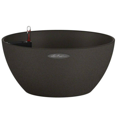 LECHUZA CUBETO Stone 30cm Small Bowl Planter, Black Self-watering Planter with Substrate and Water Level Indicator D30 H13 cm