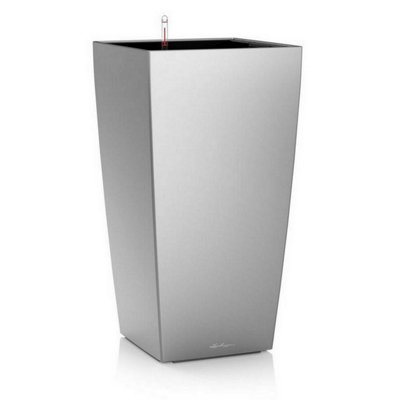 LECHUZA CUBICO 30 Silver Metallic Plastic Self-watering Planter with Substrate and Water Level Indicator H56 L30 W30 cm