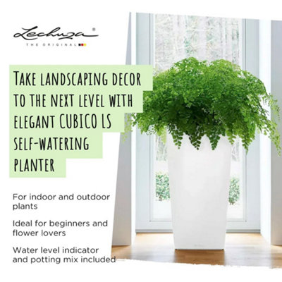 LECHUZA CUBICO 30 White High-Gloss Floor Self-watering Planter with Substrate and Water Level Indicator H56 L30 W30 cm, 50L