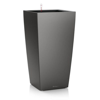 LECHUZA CUBICO 56cm Tall Planter, Charcoal Grey Metallic Plastic Self-watering Planter with Water Level Indicator H56 L30 W30 cm
