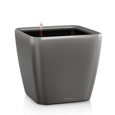 LECHUZA QUADRO LS 21 cm Square Planter, Charcoal Metallic Self-watering Planter with Substrate and Water Level Indicator