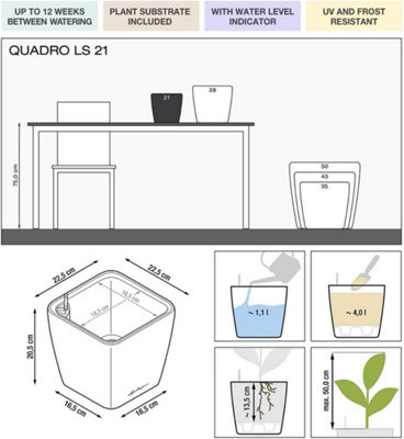 LECHUZA QUADRO LS 21 cm Square Planter, Charcoal Metallic Self-watering Planter with Substrate and Water Level Indicator