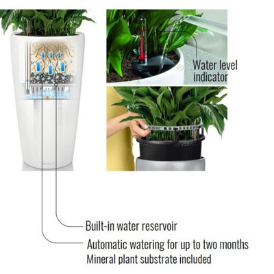 LECHUZA RONDO 40 Black High-Gloss Self-watering Planter with Substrate and Water Level Indicator D40 H75 cm, 94L