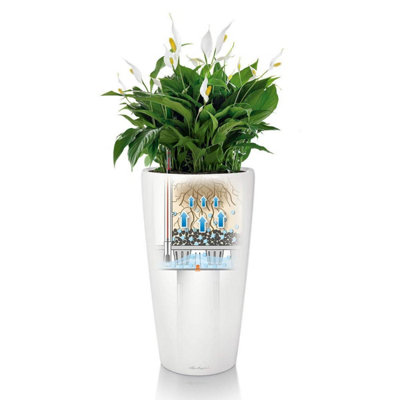LECHUZA RONDO 40 White High-Gloss Self-watering Planter with Substrate and Water Level Indicator D40 H75 cm, 94L