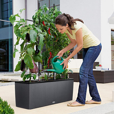 LECHUZA TRIO Cottage 130cm Trough Planter, Granite Grey Plastic Self-watering Plant Pot with Water Level Indicator H44 L130 W42 cm