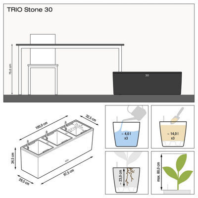 LECHUZA TRIO Stone 30 Stone Grey Self-watering Planter with Substrate and Water Level Indicator H34 L100 W32 cm