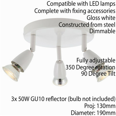 LED Adjustable Ceiling Spotlight Gloss White Triple GU10 Dimmable Downlight