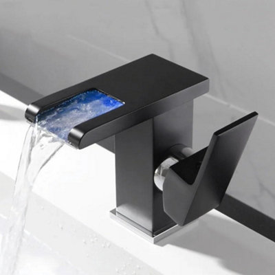 LED basin tap, single-handle waterfall bathroom tap with metal drain ...