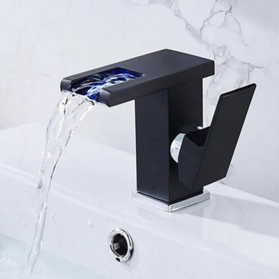 LED basin tap, single-handle waterfall bathroom tap with metal drain ...