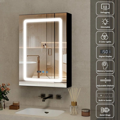 LED Bathroom Mirror Cabinet 3 Color Lighting with Shaver Socket 70x50cm ...