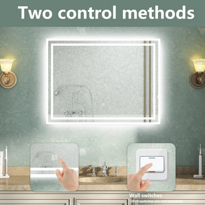 LED Bathroom Mirror with 3 Colour Lights Demister Pad Anti-fog Touch ...
