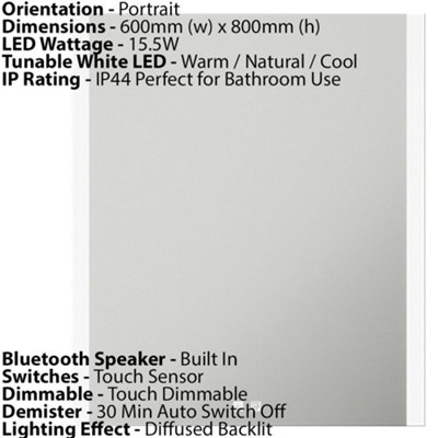 LED Bathroom Mirror with Bluetooth Speaker - 600mm x 800mm, IP44 ...