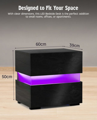 LED Bedside Table with 2 Drawers, 4-Side Black High Gloss Side Table ...
