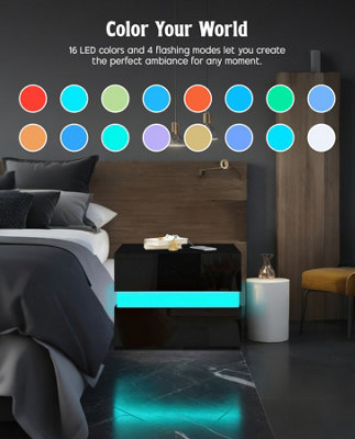 LED Bedside Table with 2 Drawers, 4-Side Black High Gloss Side Table ...