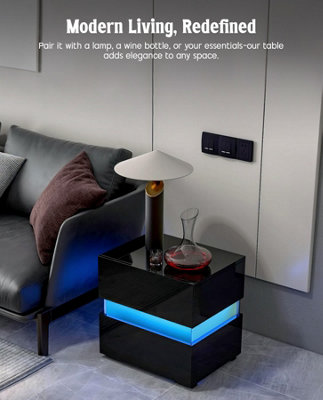 LED Bedside Table with 2 Drawers, 4-Side Black High Gloss Side Table ...