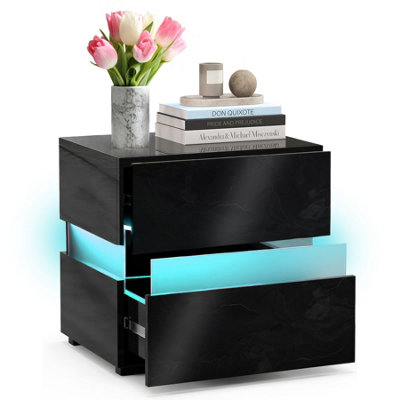 LED Bedside Table with 2 Drawers, 4-Side High Gloss Black Side Table ...