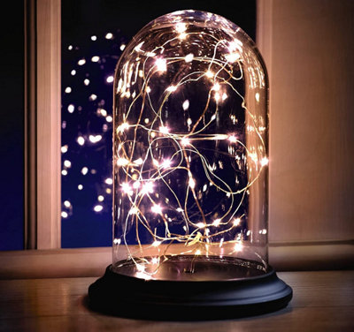 LED Bell Jar Light - Battery Powered Glass Dome Cloche Ornament with Warm Yellow LED Fairy String Lights - Measures 23 x 15.5cm