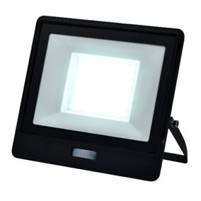 LED Black 50W 4300lm Outdoor IP65 Floodlight with PIR Motion Sensor - 6500k Daylight - Slim Profile - Waterproof Connection