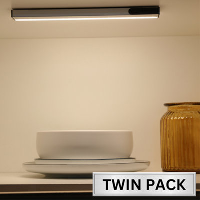 LED Cabinet Wardrobe Light 3000K with Dual IR Hand Wave and Door Sensor: Dimmable with Rechargeable Battery: Twin Pack