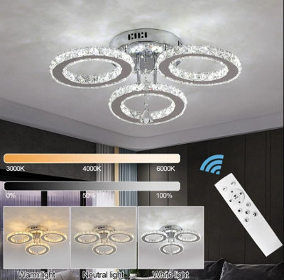 LED Ceiling Light Silver Dimmable Chandelier Remote Control 3Rings