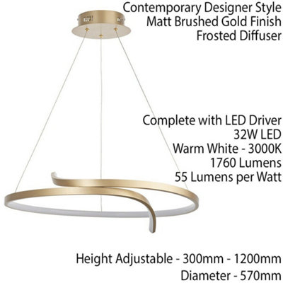 LED Ceiling Pendant Light 32W Warm White Brushed Gold Loop Feature ...
