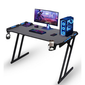 LED Computer Gaming Desk RGB with Cup Holder and Headphone Hook