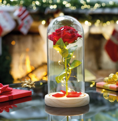 LED Eternal Rose in Glass Dome with Wooden Base, Battery Operated, 15 ...
