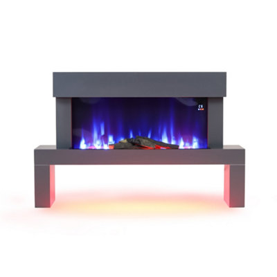 LED Freestanding Electric Fire Suite Black Fireplace with Grey Surround ...