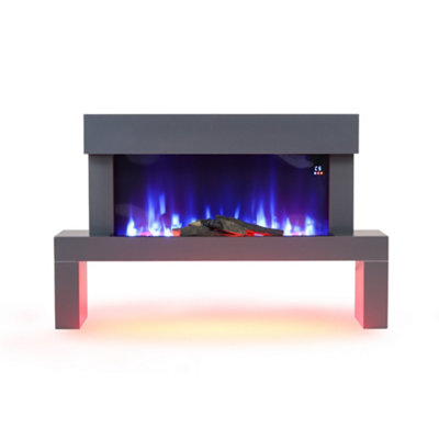 LED Freestanding Electric Fire Suite Black Fireplace with Grey Surround Set 7 Flame Colors Adjustable 47 Inch