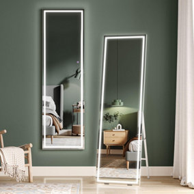 LED Full-Length Mirror, 140x40cm Free Standing Floor or Wall Mounted Hanging Mirror with 3 Color Dimming Lights