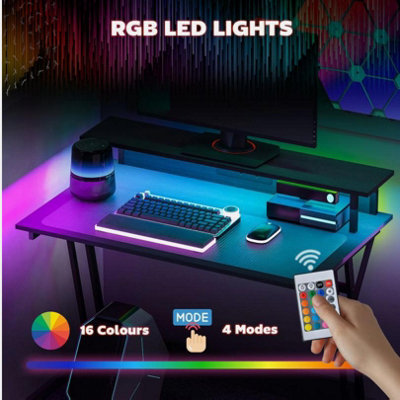 LED Gaming Desk with Power Outlets and Monitor Stand 100 x 60cm Black
