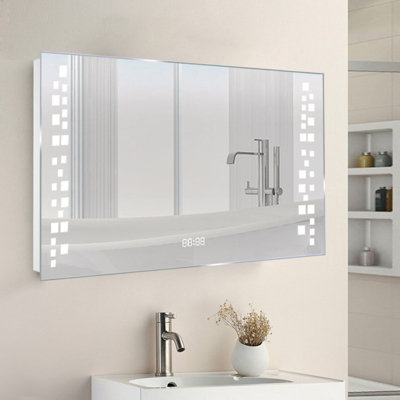 LED Illuminated Anti Fog Sensor Bathroom Mirror with Shaver Socket and Digital Clock