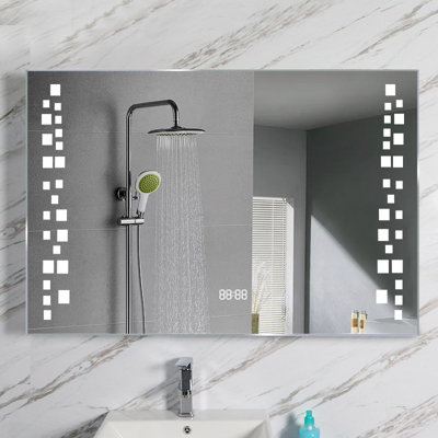 LED Illuminated Anti Fog Sensor Bathroom Mirror with Shaver Socket and Digital Clock