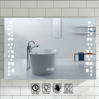 LED Illuminated Anti Fog Sensor Bathroom Mirror with Shaver Socket and Digital Clock