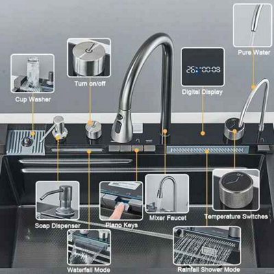 LED kitchen sink set, Stainless steel, single bowl, mixer tap, waste kit