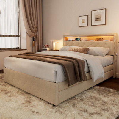 LED Light Upholstered King Bed Frame with 4 Drawers, (5ft, 150x200 cm)