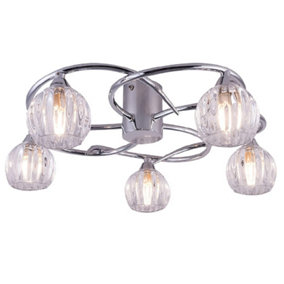 LED Polished Chrome & Clear Structured Glass Shades 5 Lamp Swirl Arms Flush Ceiling Light - 45cm Diameter - 5 x G9 Warm White