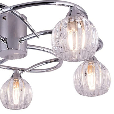 LED Polished Chrome & Clear Structured Glass Shades 5 Lamp Swirl Arms Flush Ceiling Light - 45cm Diameter - 5 x G9 Warm White