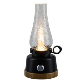 LED Rechargeable Table Lantern, Black Base with Clear Glass Shade, Decorative Oil Lamp Style