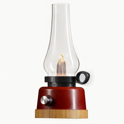 LED Rechargeable Table Lantern, Red and Black Base with Clear Glass Shade, Decorative Oil Lamp Style