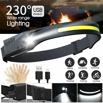 LED Sensor Headlamp 350 Lumens COB USB Rechargeable Head Torch, Wide ...