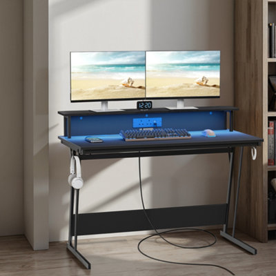 LEDREM Gaming Desk with LED Lights and Built-In Power Outlets, Computer ...